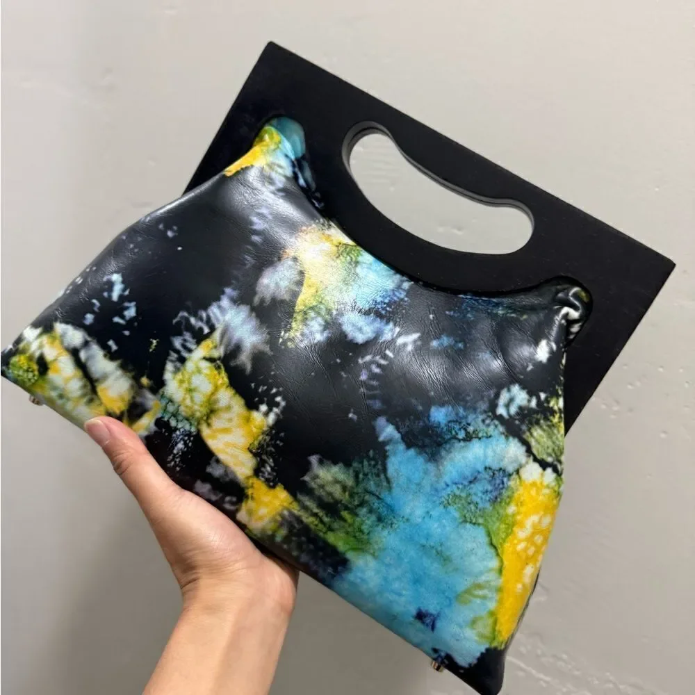 Unique Cowhide Leather Tie-dye Print Handmade Wooden Frame Top Handle Bag